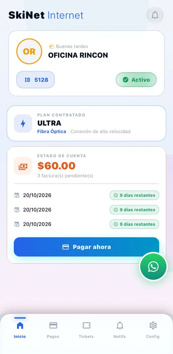 Pantalla de inicio de la app: plan contratado, estado de cuenta y pago