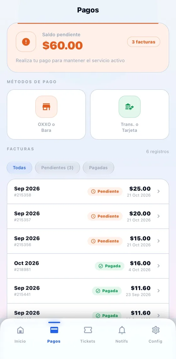 Pantalla de pagos de la app: saldo pendiente, métodos de pago y facturas
